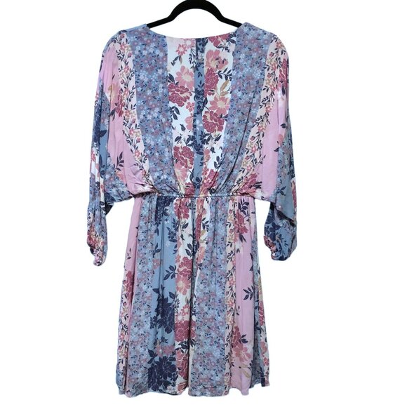 Andree By Unit Blue Pink Floral V-neck Dolman Sleeve Elastic Waist Dress M - Picture 2 of 9